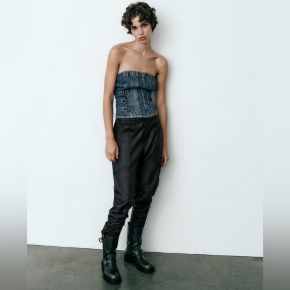 ZARA - Strapless Denim Top in Navy Blue (M)